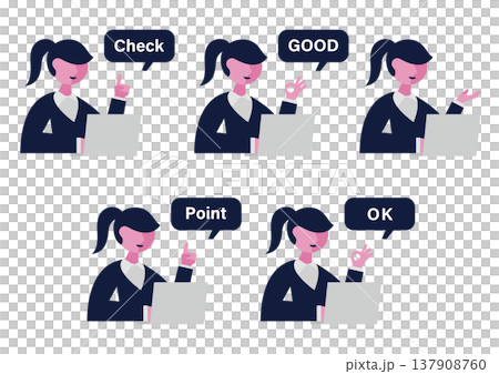 一組向量插圖，描繪了一位身穿西裝、坐在電腦前的女性，她正在做手勢和發表評論（面向右側）。 137908760