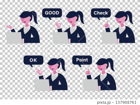 パソコンとスーツの女性のハンドサインとコメントのベクターイラスト素材セット（左向き） 137908761