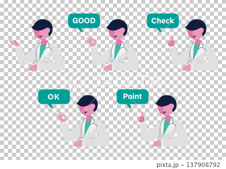 一組醫生手勢和評論的向量插圖（面向左側）。 137908792