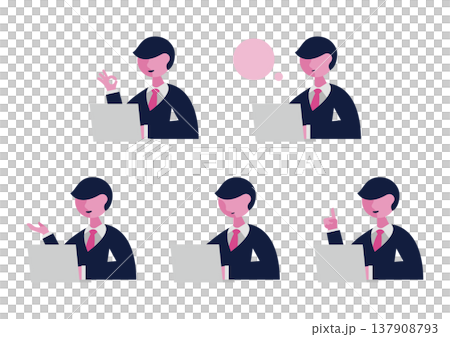 パソコンを操作するスーツの男性のハンドサインのベクターイラスト素材セット（左向き） 137908793