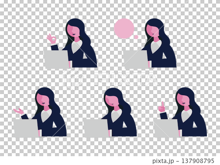 Vector illustration set of a woman in a suit operating a computer, making a hand gesture (facing right) 2 Vector illustration set of a woman in a suit operating a computer, making a hand gesture (facing right) 2 137908795