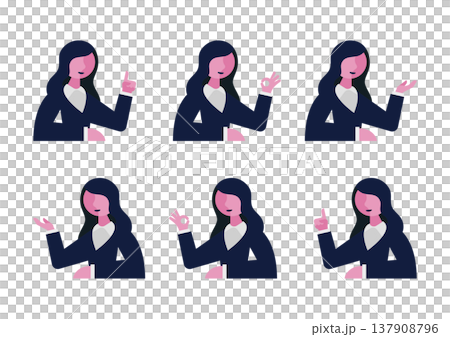 一組向量插圖,描繪了一位身穿西裝的女性做出手勢(共2張)。 一組向量插圖,描繪了一位身穿西裝的女性做出手勢(共2張)。 137908796