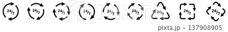 24/7 icon in arrows forming cycle, two three and four arrow version. Nonstop change or loop concept 137908905