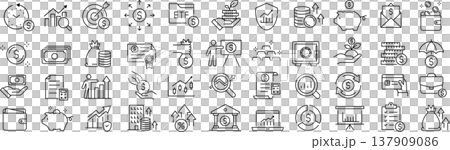 A set of monochrome vector line art icons related to asset management. 137909086