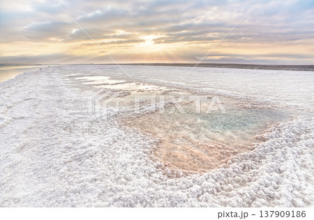 Crystalline white salt beach lit by morning sun, small pools with seawater at Dead Sea - world most hypersaline lake Crystalline white salt beach lit by morning sun, small pools with seawater at Dead Sea - world most hypersaline lake 137909186