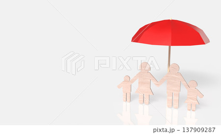 Family Protection Concept With Red Umbrella And Wooden Figures 3d render. Family Protection Concept With Red Umbrella And Wooden Figures 3d render. 137909287