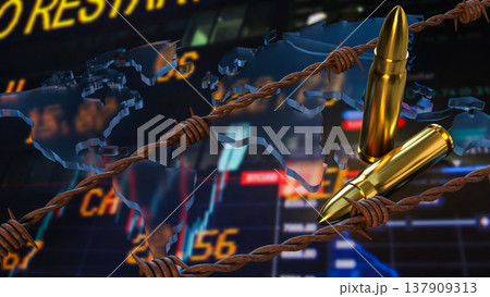 Global Conflict And Economic Crisis Concept With Bullets And World Map 3d render. Global Conflict And Economic Crisis Concept With Bullets And World Map 3d render. 137909313