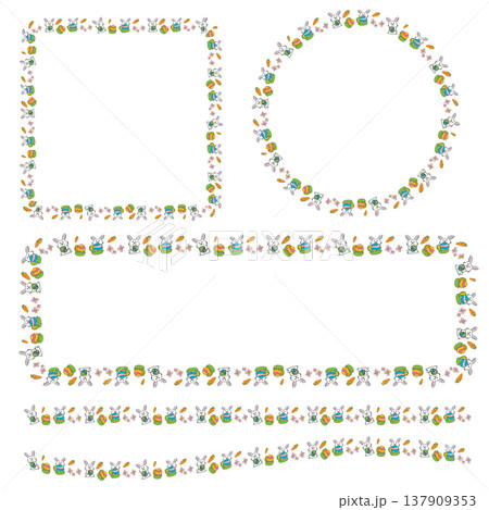 Cute Easter Bunny and Colorful Eggs Cartoon Boarder line 137909353