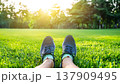公園の芝生に座る足元とスニーカーのリラックスした風景 137909495