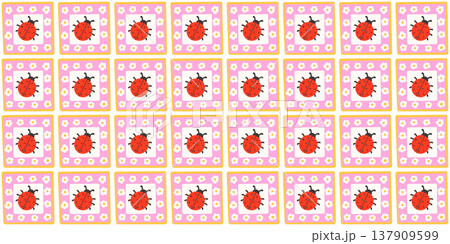 Pattern flower floral with cute spring ladybug for seamless kawaii patchwork. Frame check pink with ribbon summer checkered for bow stripe blanket. Heart plaid pattern with kid cute background. 137909599
