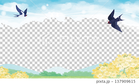 油菜花和燕子的向量插圖，為鄉村的春天景色增添了色彩。 137909615