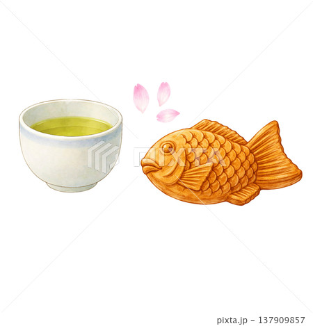 たい焼きと緑茶 桜 春 和カフェ 水彩イラスト素材 137909857