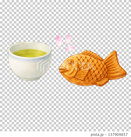 たい焼きと緑茶 桜 春 和カフェ 水彩イラスト素材 137909857