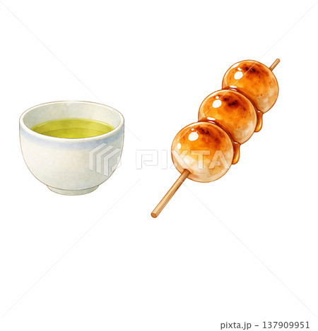 みたらし団子と緑茶 シンプル 和菓子 和カフェ 水彩イラスト素材 137909951