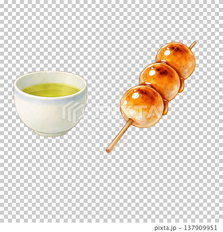 みたらし団子と緑茶 シンプル 和菓子 和カフェ 水彩イラスト素材 137909951
