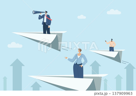 Business development concept, new ideas, Business opportunities open up world view, Businessman using binoculars on paper plane. Research and forecast concept. Vector design illustration. 137909963