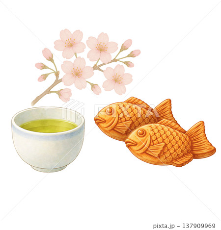 たい焼きと緑茶 桜 お花見 春 和菓子 水彩イラスト素材 137909969