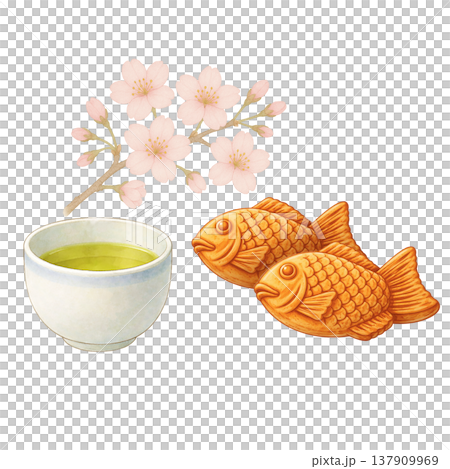 たい焼きと緑茶 桜 お花見 春 和菓子 水彩イラスト素材 137909969