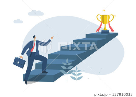 The first step to start, difficult path is the path to beautiful rewards The challenge to goals and starting, Businessman started walking up the stairs in search of a trophy. Vector illustration. 137910033
