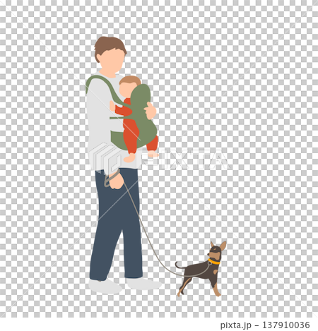 A father walking his dog while carrying his baby in a baby carrier. 137910036