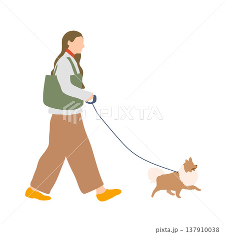 カジュアルな服装の女性の犬の散歩 カジュアルな服装の女性の犬の散歩 137910038