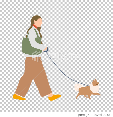 カジュアルな服装の女性の犬の散歩 カジュアルな服装の女性の犬の散歩 137910038