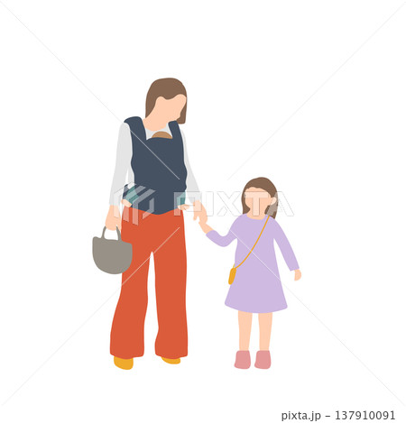 抱っこ紐の赤ちゃんと手をつないだ子どもと歩く母親の人物イラスト 137910091