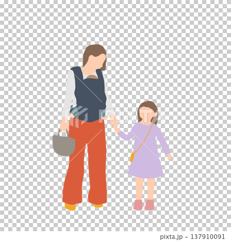 抱っこ紐の赤ちゃんと手をつないだ子どもと歩く母親の人物イラスト 137910091