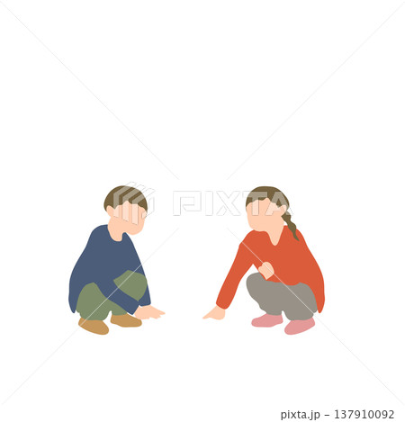 しゃがんで会話する子ども二人の人物イラスト 137910092