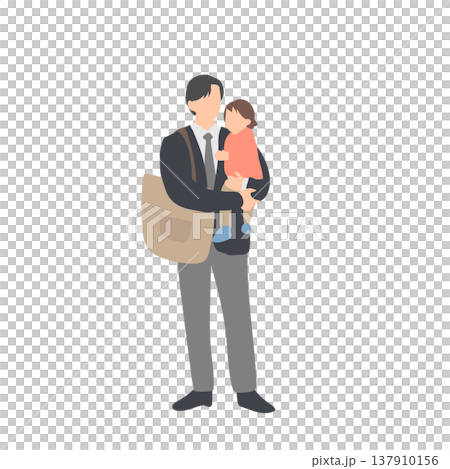 子どもを抱っこして通勤する父親の人物イラスト 137910156