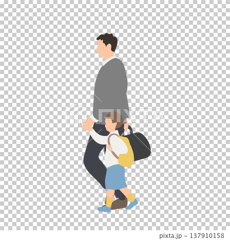 子どもと一緒に通勤・通園する父親の人物イラスト 子どもと一緒に通勤・通園する父親の人物イラスト 137910158