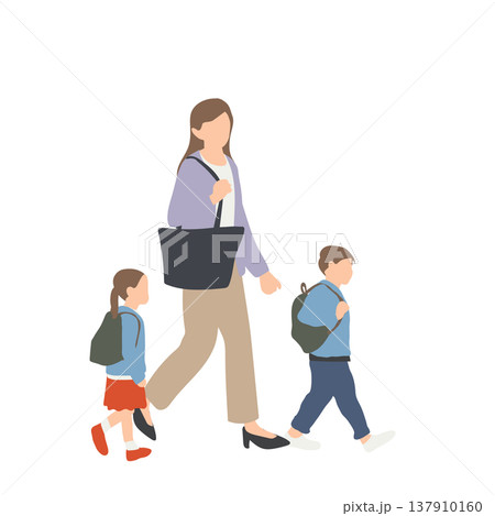 子ども二人と通勤・登園する母親の人物イラスト 137910160