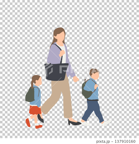 子ども二人と通勤・登園する母親の人物イラスト 137910160
