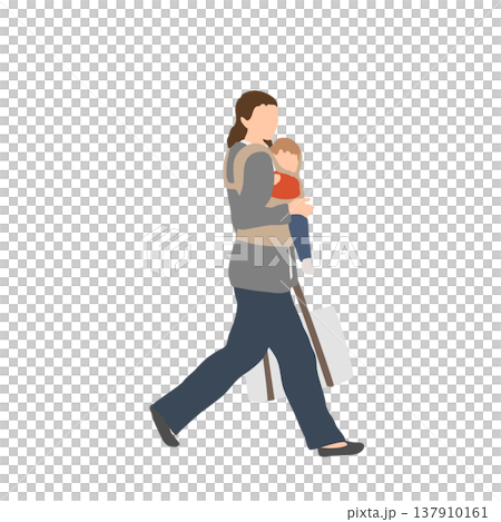 一幅描繪母親背著嬰兒背帶裡的孩子和自己的行李去上班的插圖。 137910161