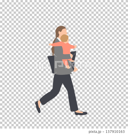 Illustration of a woman commuting to work while carrying her child. 137910163