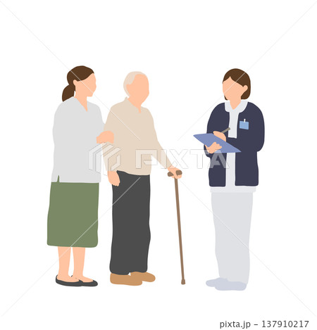 高齢者と家族と医療スタッフの介護相談シーンの人物イラスト 137910217