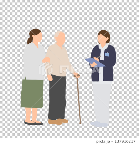 高齢者と家族と医療スタッフの介護相談シーンの人物イラスト 137910217