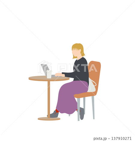 カフェでノートパソコン作業をする女性の人物イラスト 137910271