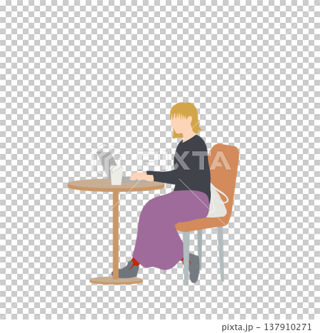 カフェでノートパソコン作業をする女性の人物イラスト 137910271