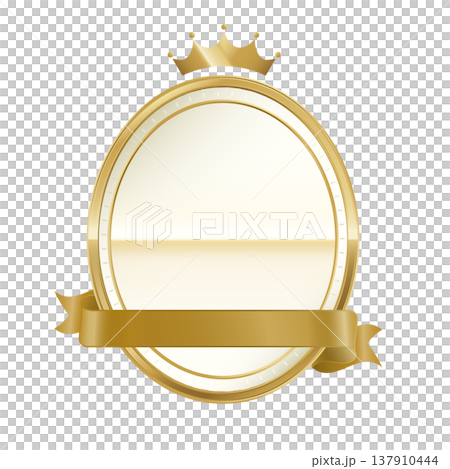 Gold oval frame badge with crown and ribbon (template) 137910444