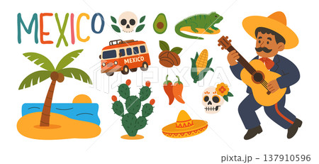 Mexican culture set with mariachi musician, cactus, sombrero, tacos and traditional Mexico symbols Mexican culture set with mariachi musician, cactus, sombrero, tacos and traditional Mexico symbols 137910596