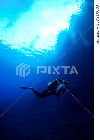 水中を泳ぐダイバーと光芒 水中を泳ぐダイバーと光芒 137910603