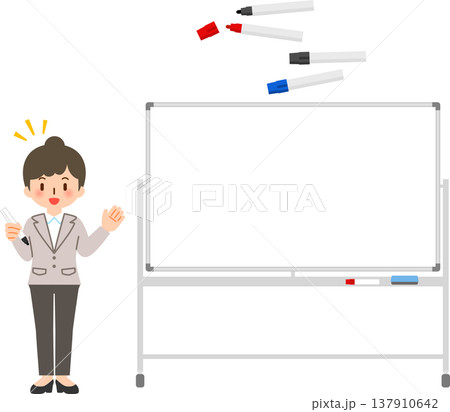 ホワイトボードの横に立つマーカーを持ったスーツの女性 ホワイトボードの横に立つマーカーを持ったスーツの女性 137910642