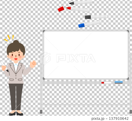 ホワイトボードの横に立つマーカーを持ったスーツの女性 ホワイトボードの横に立つマーカーを持ったスーツの女性 137910642