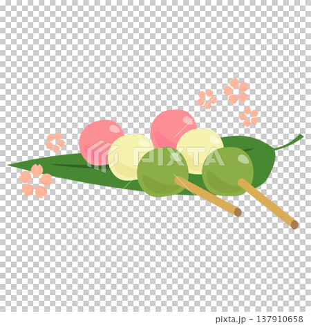 Illustration 2 of three-colored dango served on a bamboo leaf plate. Illustration 2 of three-colored dango served on a bamboo leaf plate. 137910658