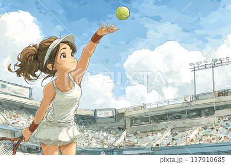美優シリーズ：テニスの試合でサーブを打つ若い女性選手のイラスト素材 137910685