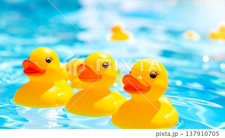 Yellow rubber ducks in the swimming pool. Close-up. Selective focus 137910705