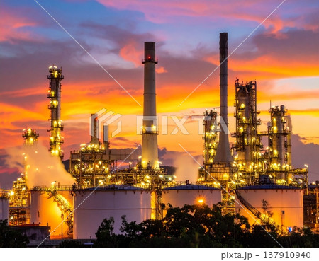 A highly detailed oil refinery, with massive steel pipelines A highly detailed oil refinery, with massive steel pipelines 137910940