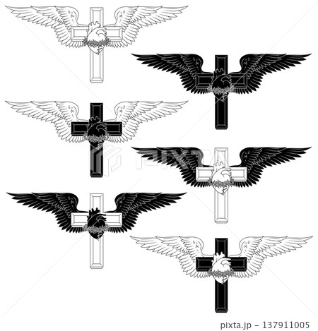 Linear Outline Winged Cross and Heart 137911005