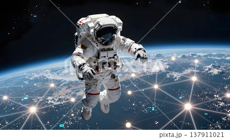 宇宙空間で地球を見つめる宇宙飛行士とデータネットワークの融合イメージ 137911021